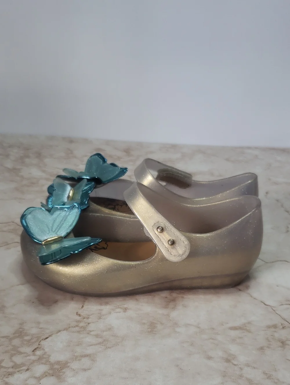 Mini Melissa Girls Metallic Gold Mary Jane Flats with Blue Butterfly Accent 10